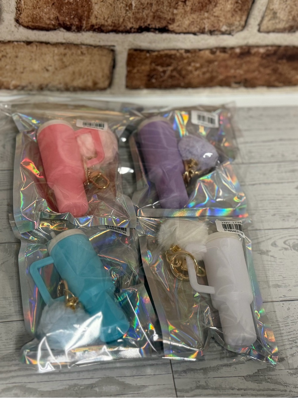 NWT (4x) MINI TUMBLER KEYCHAIN BAG CHARM w/POM POM